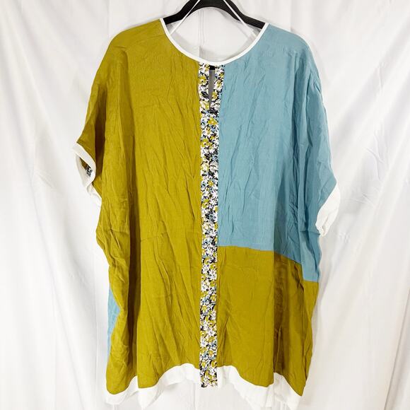 Ulla Popken Colorblock Tunic Top 20/22 Mustard Blue Floral Trim Oversized Boho - Picture 2 of 5